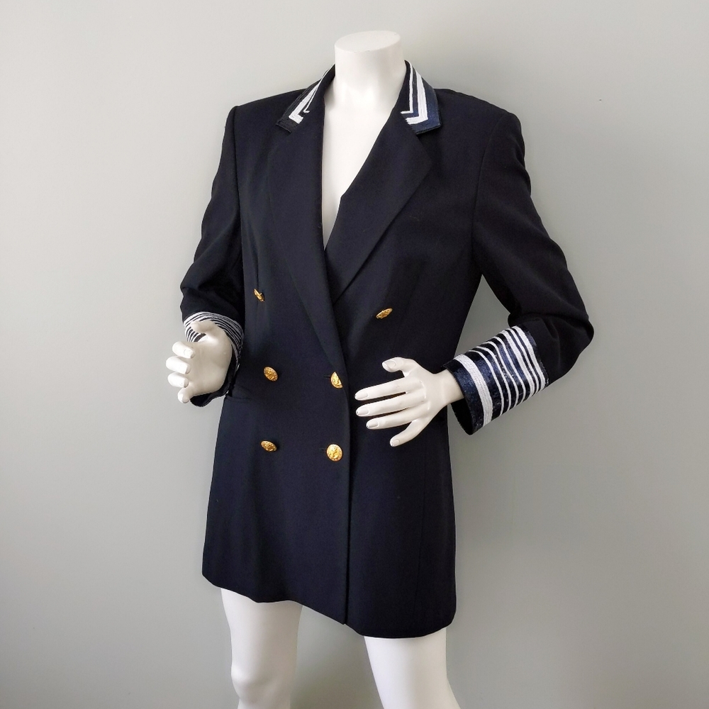 Vtg 80s Escada Sequin Collar Cuff Naval Blazer 38 - Picture 3 of 8